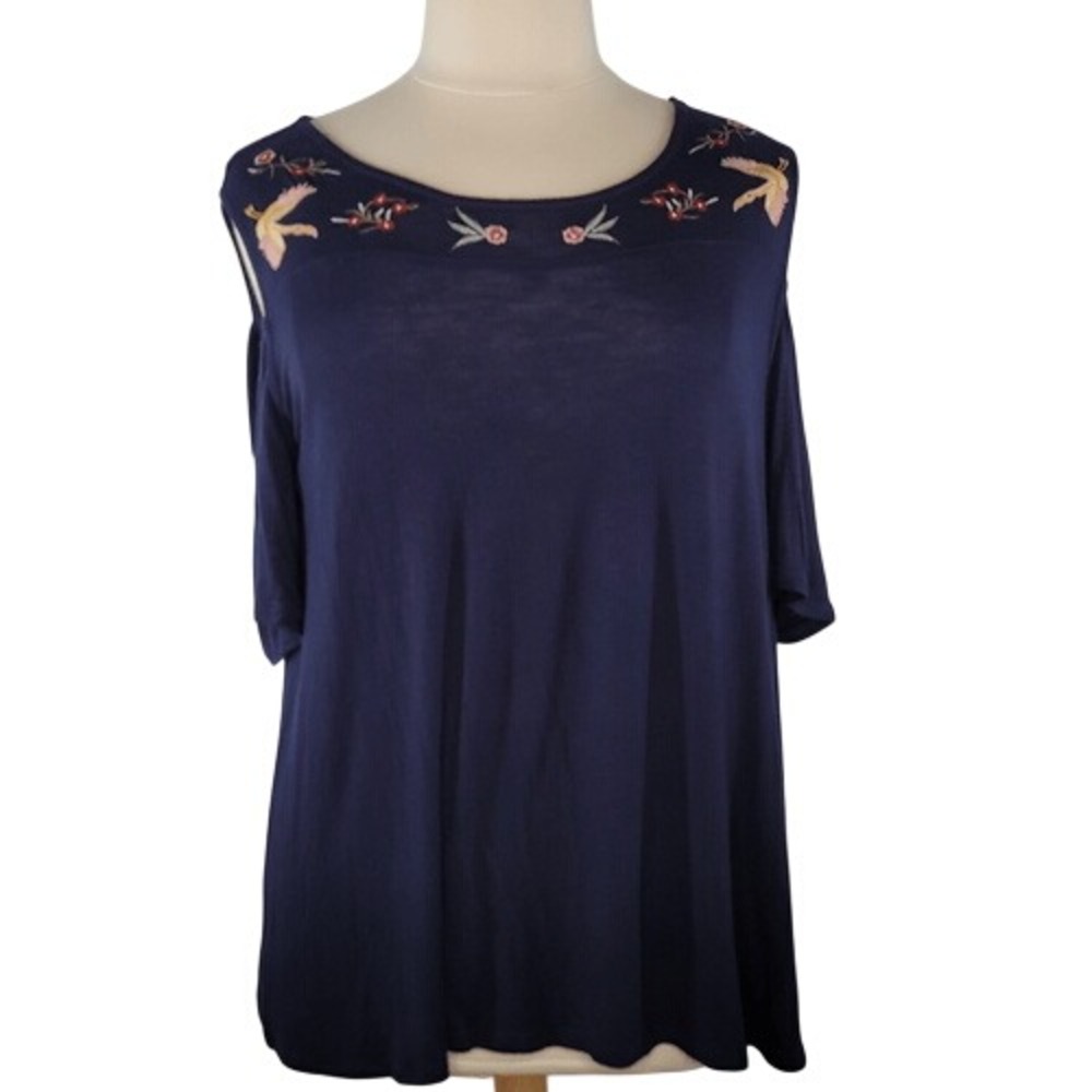 Style & Co.‎ Navy Cold Shoulder with Floral Embroidery Top